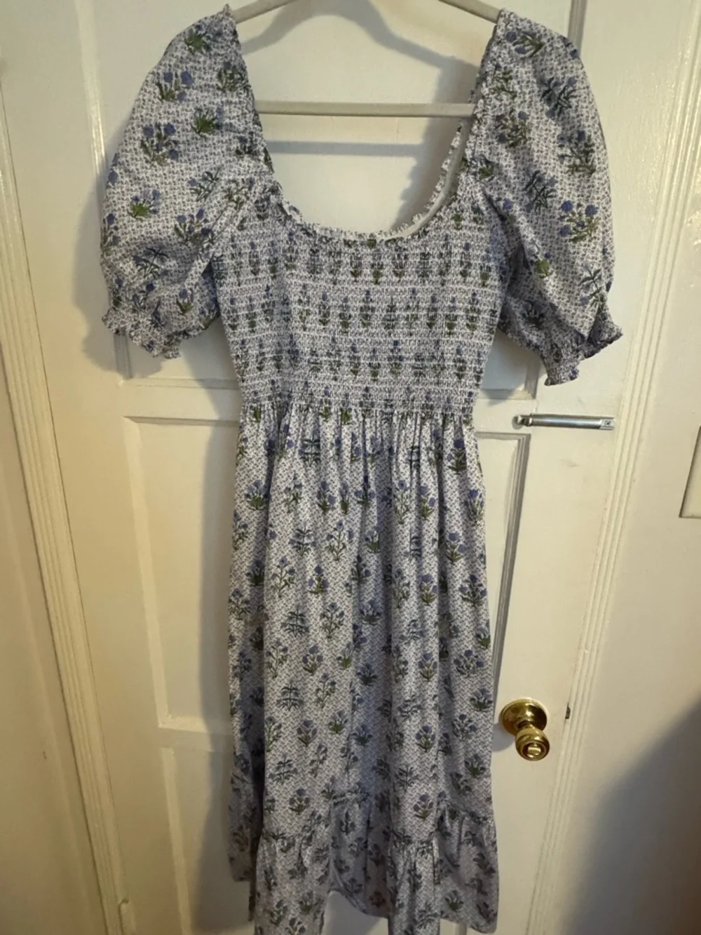 Hill House Floral Smocked Maxi Dress - White with Blue & Green - Picture 2 of 5